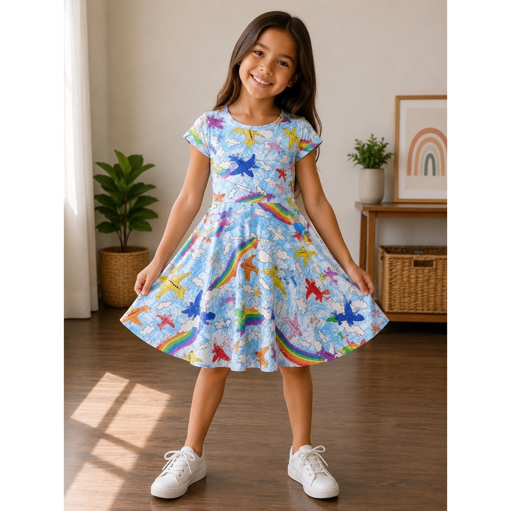 Princess Awesome Girls Blue Airplane Rainbow Skater Dress Size 12 Aviation Print